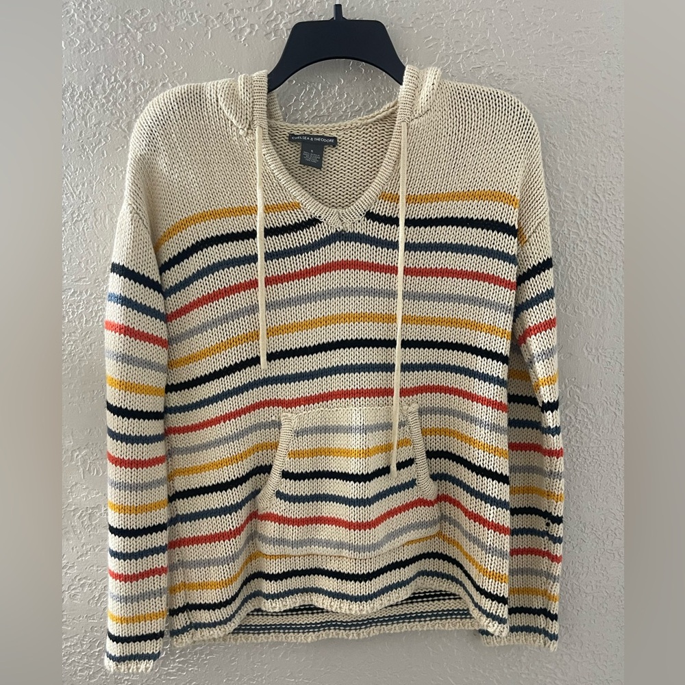 Chelsea & Theodore‎ Women’s Multicolor Striped V-Neck Hoodie Sweater Size Small
